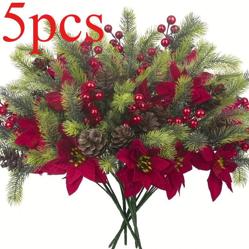 Decoración navideña de piña de primera calidad, tallos florales de bayas y Poinsettia de tacto realista para arreglos elegantes de árboles y hogares, 5 uds.