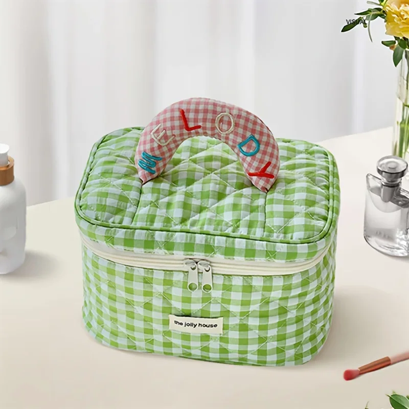 

1pc cute color contrast check delicate bucket makeup bag for ladies outdoor travel