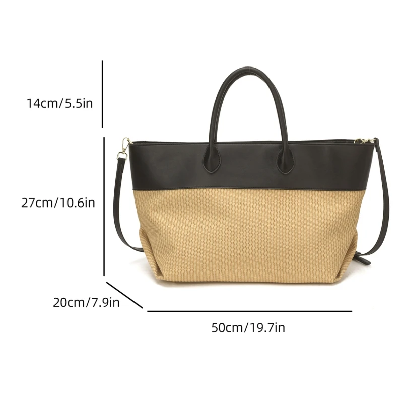 Luxury Design Raffia Woven Straw Tote Bag Patchwork Pu Leather Large Capacity Beach Vacation Handbag Daily Work Commuter 2026