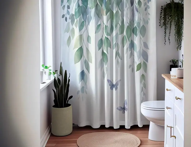 Watercolor Leaves Shower Curtain, Waterproof Fabric Bath Curtain, Nature-Inspired Bathroom Decor, Hanging Greenery