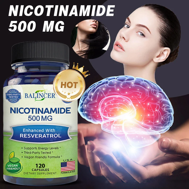 Niacinamida con Resveratrol-cápsulas de vitamina B3 120 Veggie, soporta NAD, salud y energía de las células de la piel, antienvejecimiento, reduce las arrugas