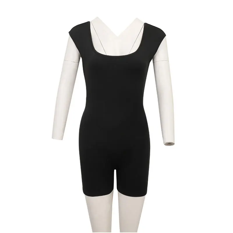 Frauen sexy solide Kurzarm Rundhals ausschnitt mit hoher Taille Bodycon Overall kurze Onesies Stram pler Yoga Workout Gym rücken freie Overalls