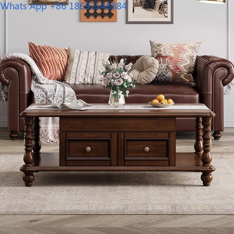 Solid Wood Coffee Table Rustic Style Living Room Rectangular Table with Drawer for Small Space Home Use Vintage Design