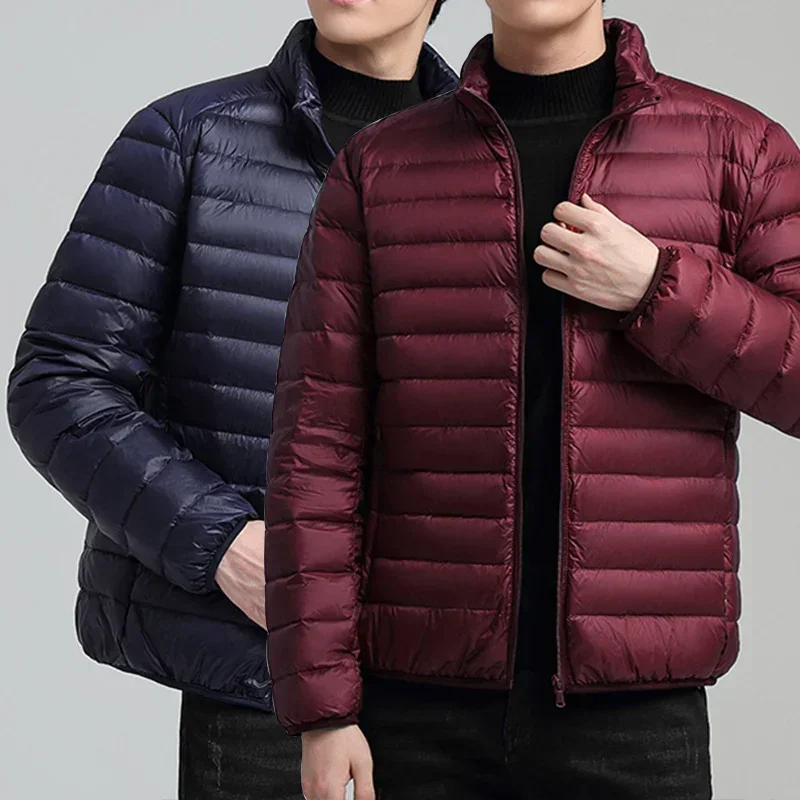 Parkas leves casuais masculinas, gola em pé, algodão, acolchoamento, jaquetas grossas, casacos masculinos quentes, monocromáticos, inverno