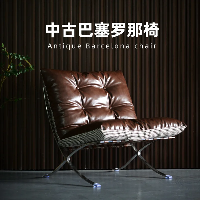 Medieval chair ancient oil wax leather single sofa living room minimalist lazy sofa recliner