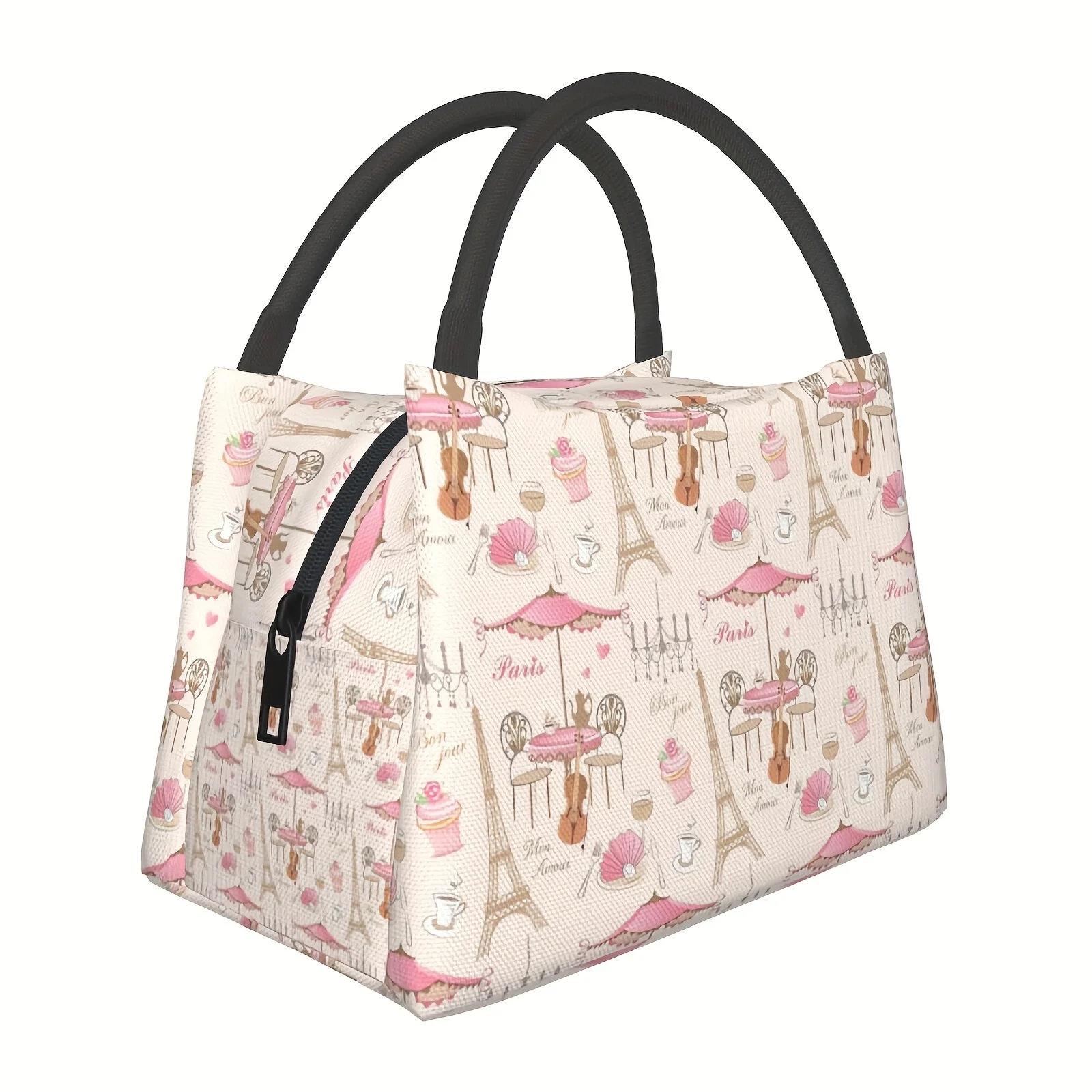 Sac à déjeuner en polyester délavé à la main avec une tour Eiffel de Paris romantique, refroidisseur isolé rectangulaire sur le thème de l'anime