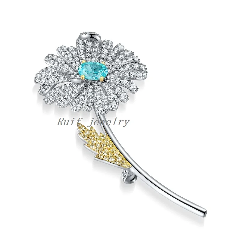 Ruif 925 Silver New Exquisite Lab Grown Paraiba Flower Brooches for Women Pins Party Jewelry Gift