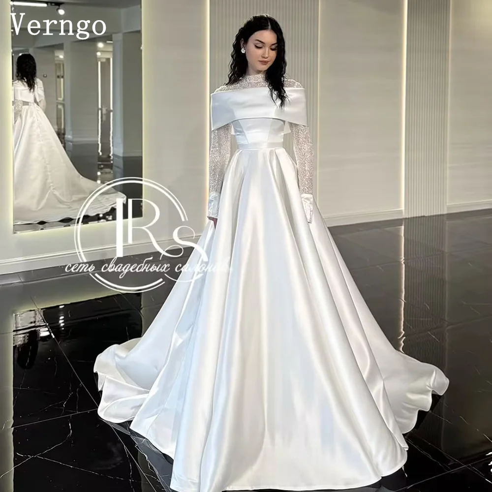 

Verngo Shiny Sequined Wedding Dress O Neck Full Sleeves A Line Prom Bridal Gowns Women Modest Bride Dress Customized