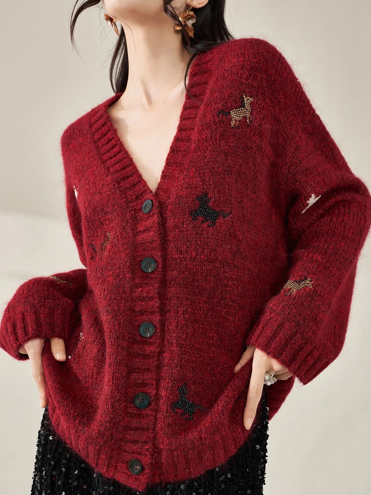 

Red V-Ne Embroidered Knitted Open Cardigan Women's Autumn Winter Cisas New Year's Clothes Sweater Flowing Era Casual Sle