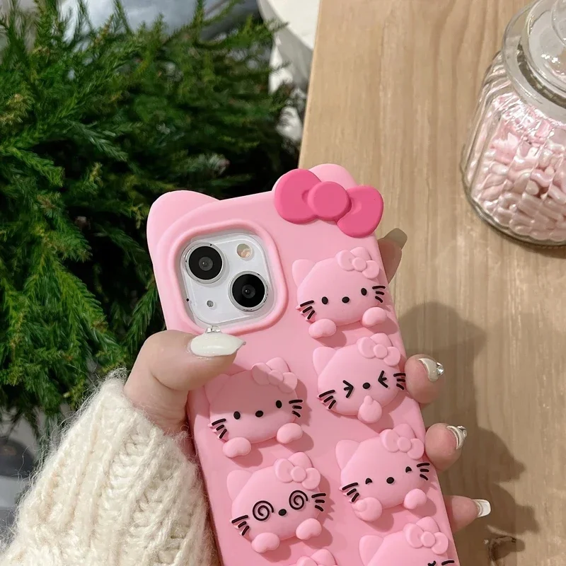 3D Cute Cartoon  Sanrio Hello Kitty Relieve Stress Phone Case For iPhone 15 14 13 12 11 Pro Max Shockproof Soft Silicone Cover