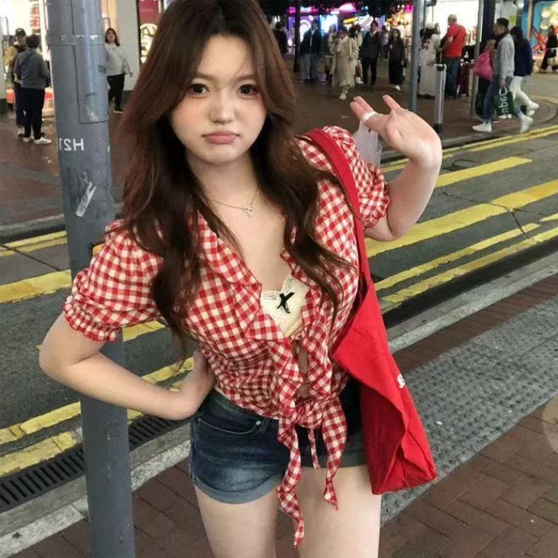 Women's Y2K Short Sleeve Top Plaid Cardigan Shirt Blouses Casual Summer Tops Trend 2000s Streetwear view 6