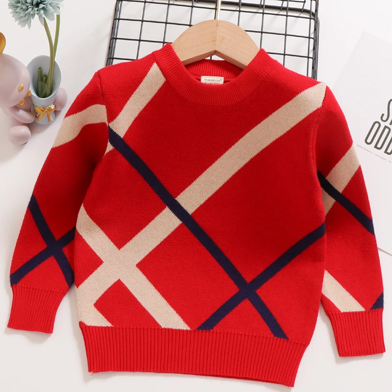 New Autumn Winter Children\'s Sweater Underlay T-Shirt Round Neck Double Layer Cotton Stripe Small and Medium Sweater