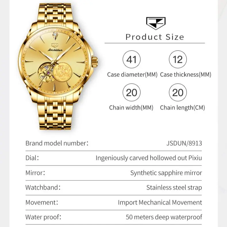 Real Gold Automatic Watch for Men Swiss Movement JSDUN Original Wristwatch Sapphire Mirror Waterproof Clock Business Men\'s Watch