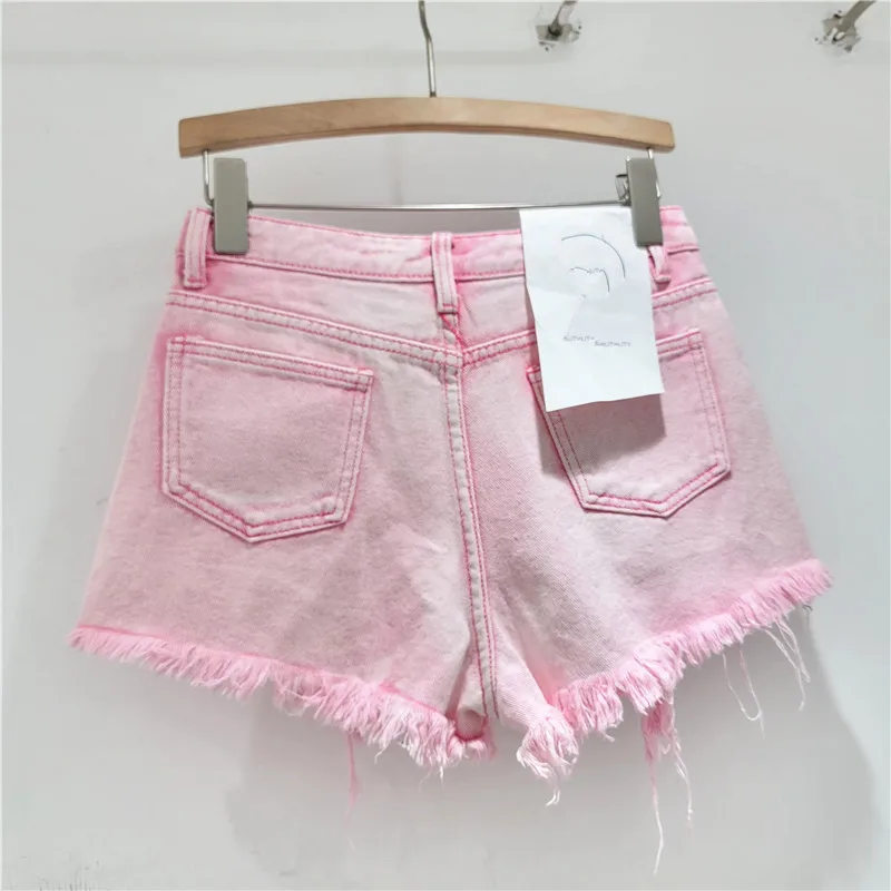 JHJN  Heavy Industry Diamond Hot Denim Shorts For Women NEW High Waist Hottie Hole Flash Wide-Leg Hot Pants