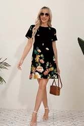 2024 Summer Latest Women's Fashion Print Street Trend Round Neck Sweet and Fresh Flowers Solid Colors Suitable for Beach Dresses