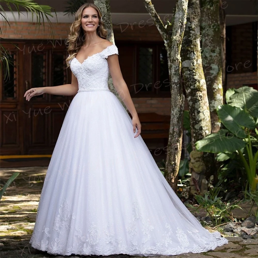 Vestidos De Casamento De Linha Para Mulheres, Apliques Sexy Exquisitos, Vestidos De Noiva De Renda, Fora Do Ombro, Decote V, Vestidos Luxuosos