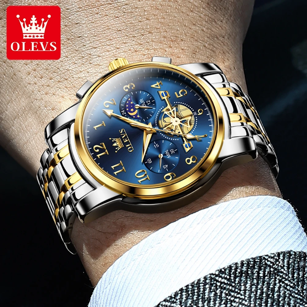 OLEVS 2900 NEW Quartz Watch for Men High Quality Multifunctional Chronograph Waterproof Stainless steel Moon Phase Men\'s Watches