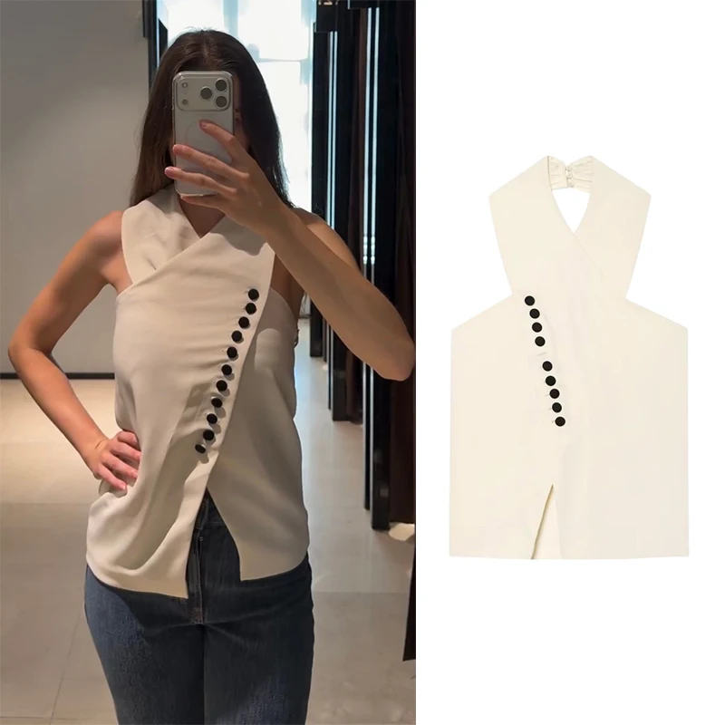 Women's Halter Neck Sleeveless Vest, Asymmetric Double Placket Button Front Crop Top, Tie Neck Tank Top