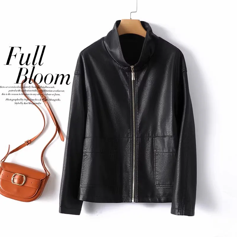 Nueva Chaqueta de Cuero Sintético para Mujer, Estilo Simple, Cuello Alto, Cintura Ancha, Holgada, Informal, Corta, para Primavera y Otoño