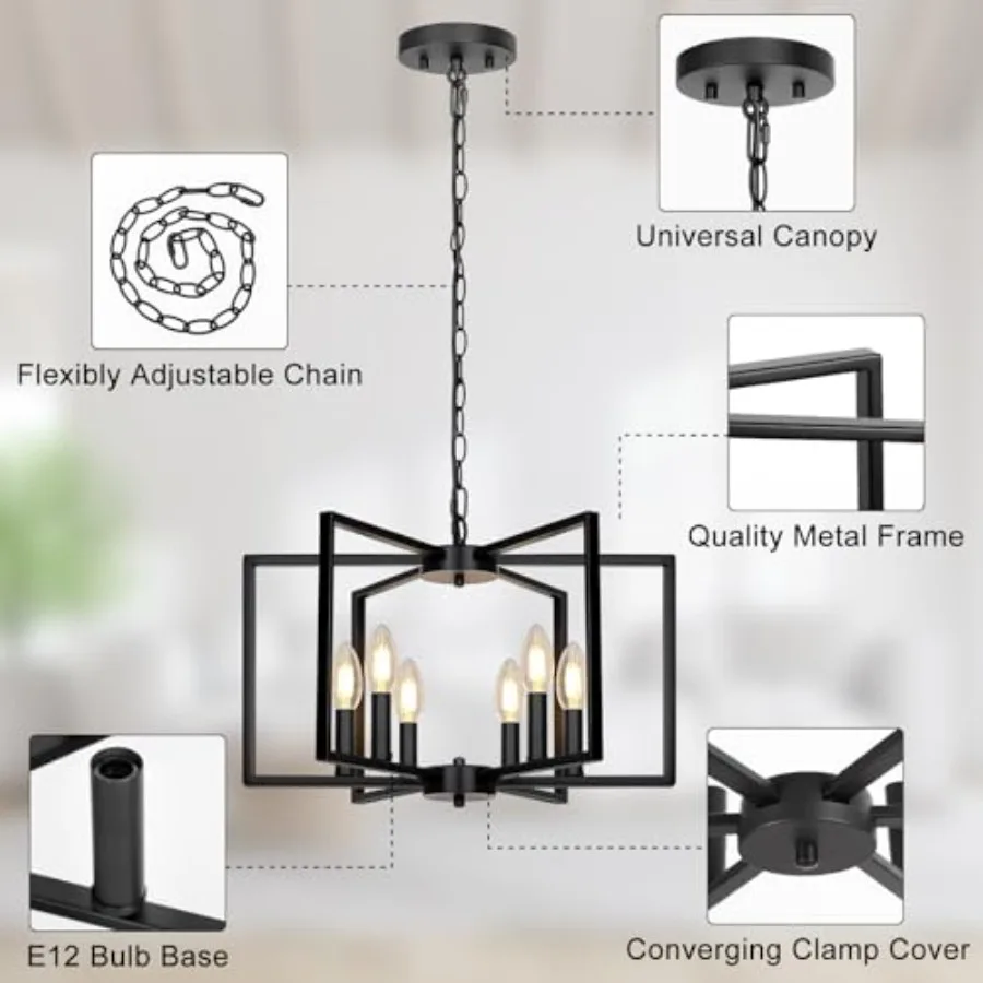 Farmhouse Chandelier, 6 Light Geometric Dining Room Light Fixture, Modern Industrial Metal Ceiling Light Rustic Hanging Pendant view 5