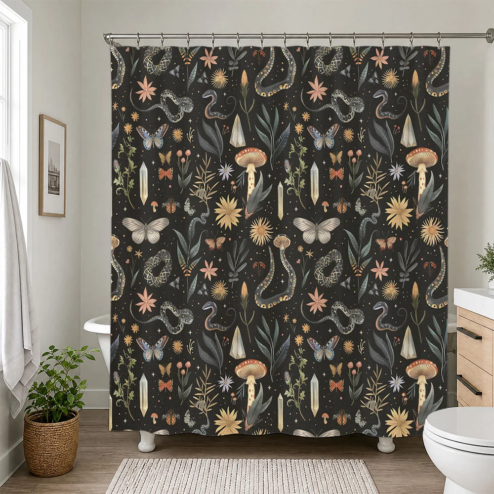Dark Botanical Snake Butterfly Mushroom Woodland Print Waterproof Shower Curtain Luxury Bathroom Home Decor Gothic Design