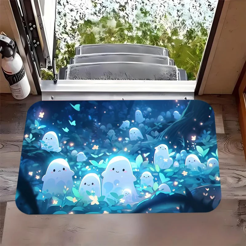 Cute Ghost Watering Pumpkin Patch Cottage Garden Autumn Entrance Mat Non-Slip Doormat for Front Door Porch Whimsy