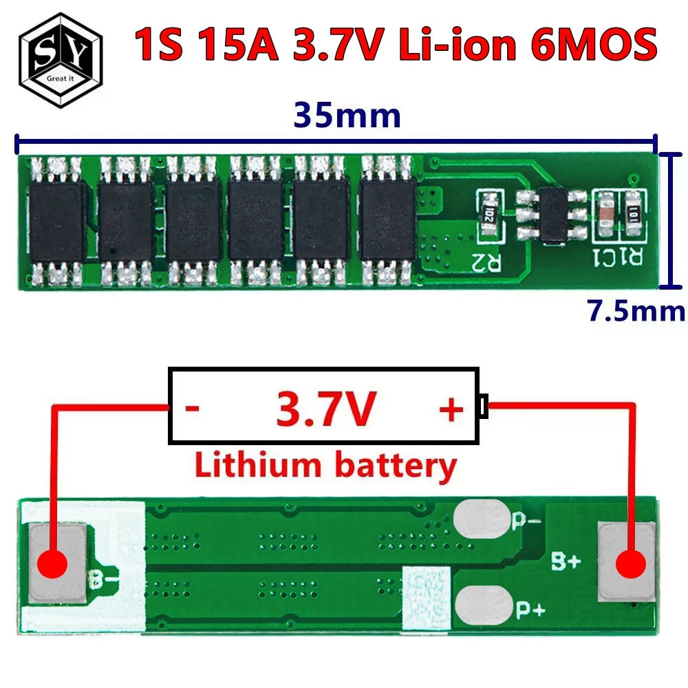 1S 15A 3.7V Li-ion 6MOS BMS PCM Battery Protection Board PCM for 18650 Lithium Lion Battery