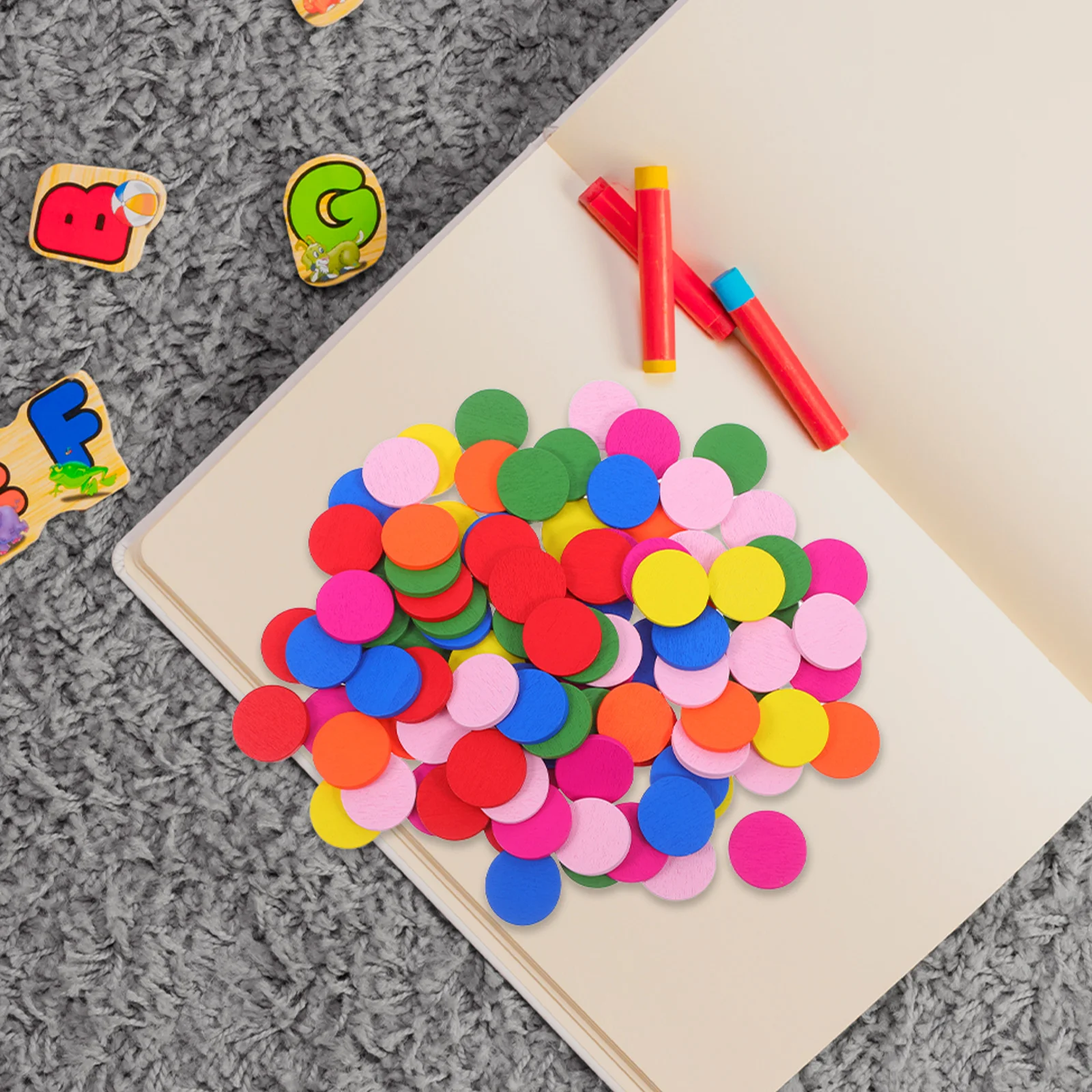 

100pcs Wooden Disc Learning Tool Colorful Chips Eco-Friendly Round Wood Pieces For Kids Crafts Puzzle Toddler Wood Piece Decor