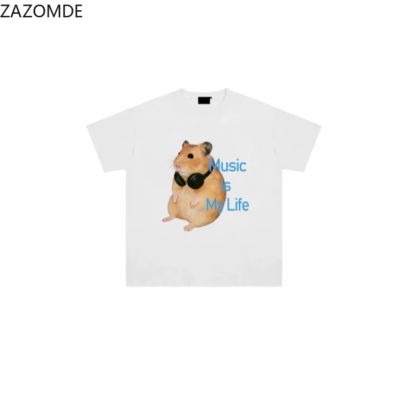 ZAZOMDE Couple Matching Outfit T-shirt Cute Hamster with Headphones Music Print Loose Summer Daily Casual Short Sleeve Tops