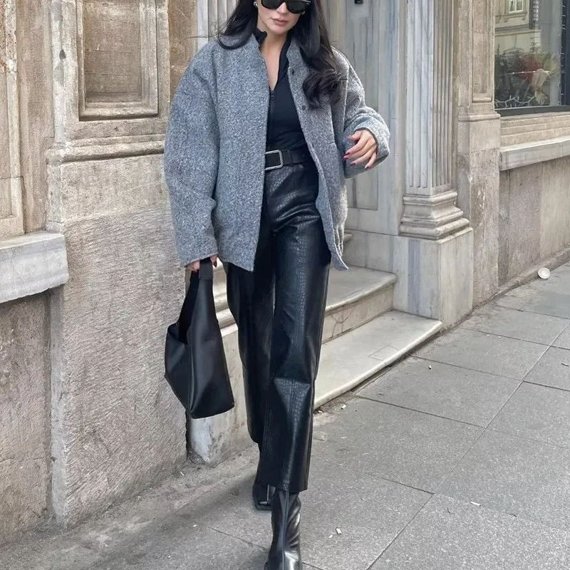 2024 New Women's Casual Solid Color Stand Up Collar Single Breasted Large Pocket Loose And Comfortable Long Sleeved Jacket