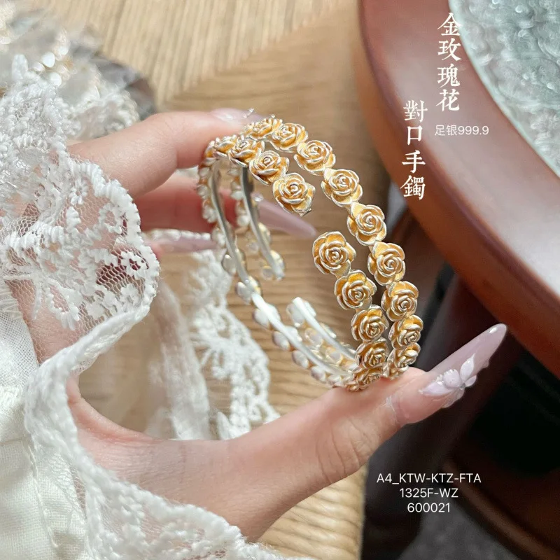 9999 Gold-Plated Rose Flower Bracelet Women, Solid Open Bangle, Vintage Style Silver Jewelry