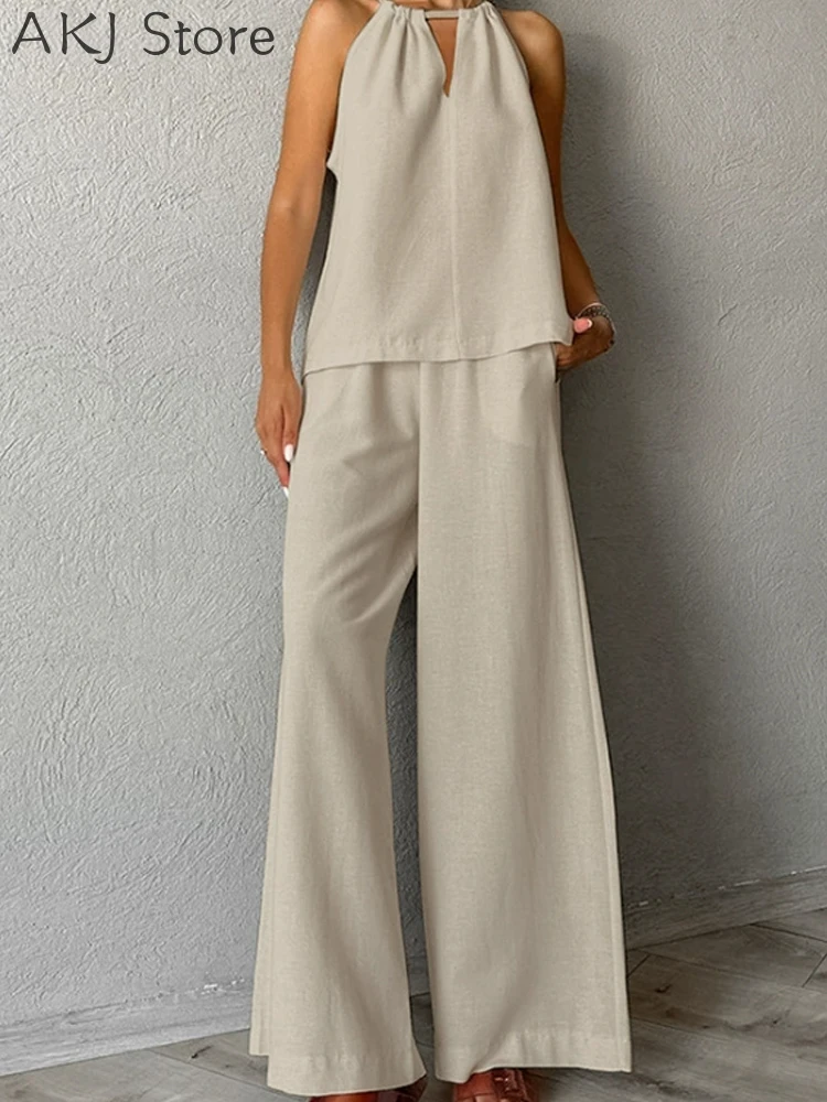 

Two Piece Outfits Woman Cotton Linen Top and High Waist Wide Leg Pants Sets