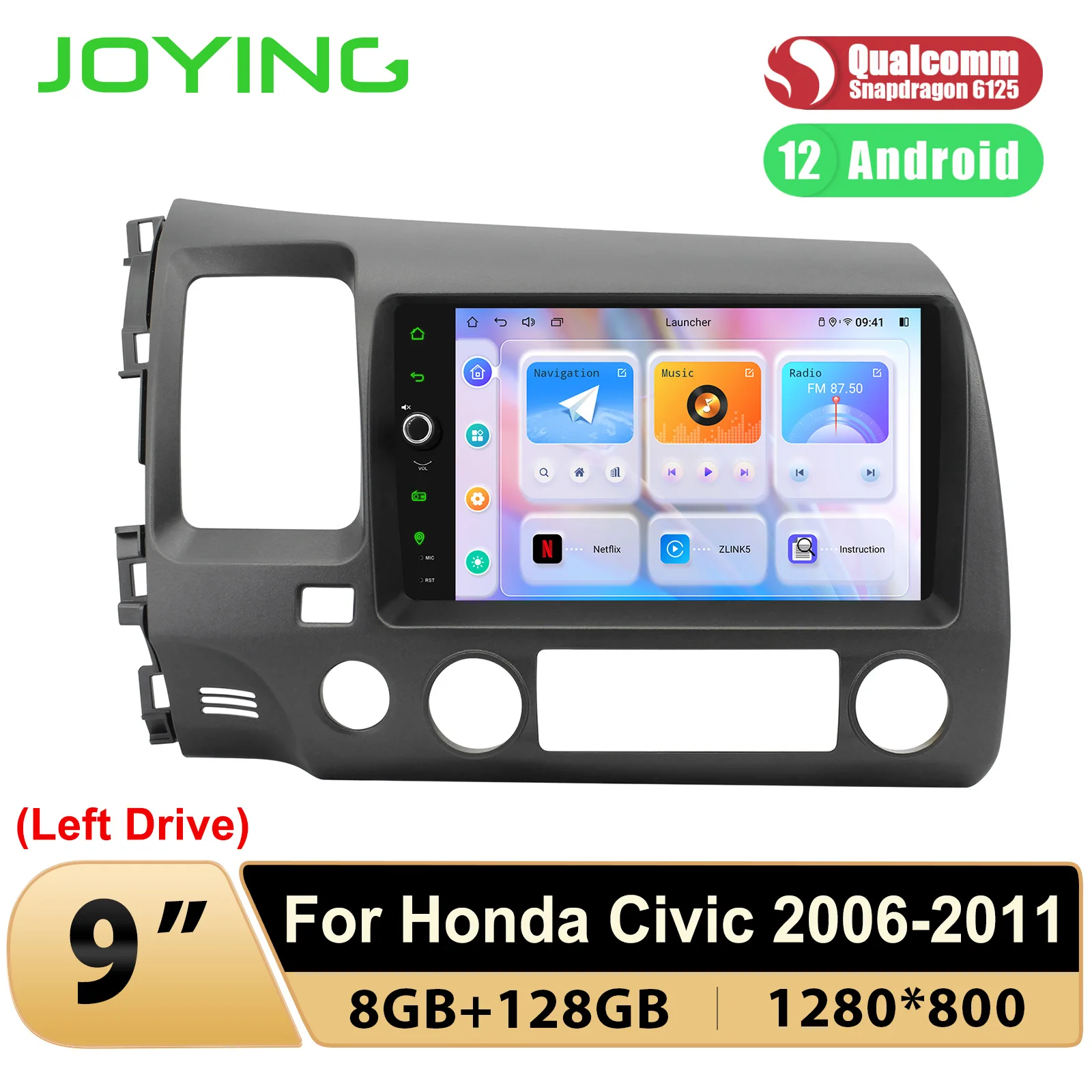 Joying 9 Inch Android 12.0 Car Radio Stereo Head Unit Multimedia Player For Honda Civic 2006-2011 With Carplay Left Drive