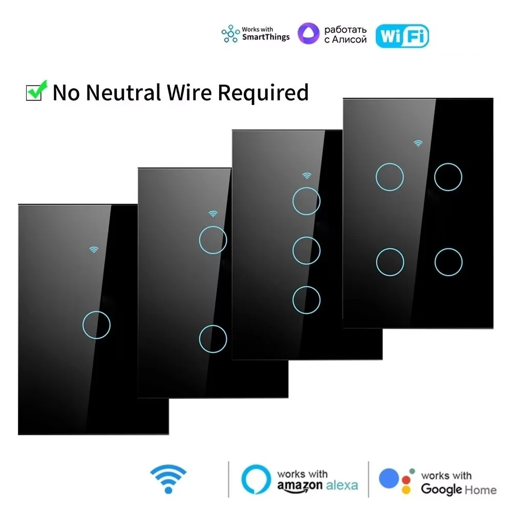 

Smart Wifi+Bluetooth Touch Light Wall Switch US Touch Panel Switch No Neutral Wire& Neutral Wire Tuya Alexa Google Home 110-240V