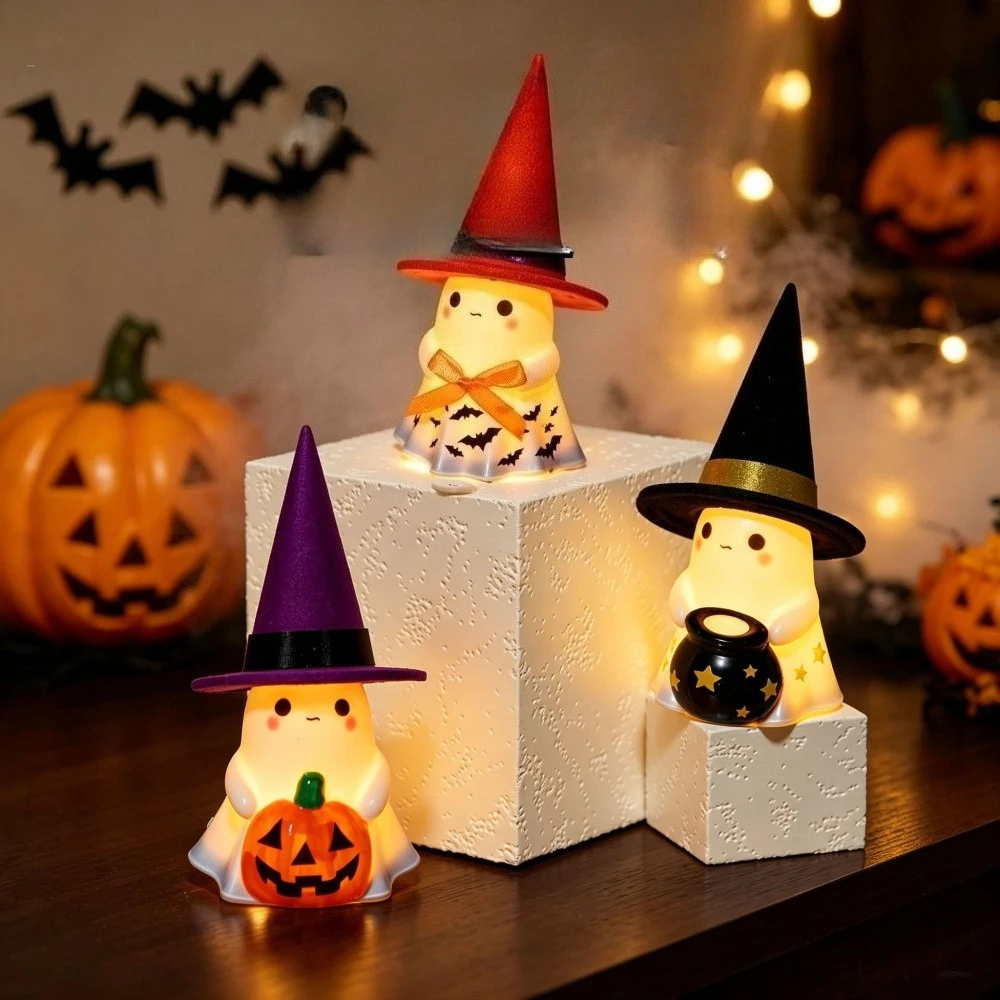 Halloween Cute Ghost LED Night Light Witch Hat Glowing Ghost Ornament Pumpkin Cauldron Desk Lamp Halloween Home Party Decor