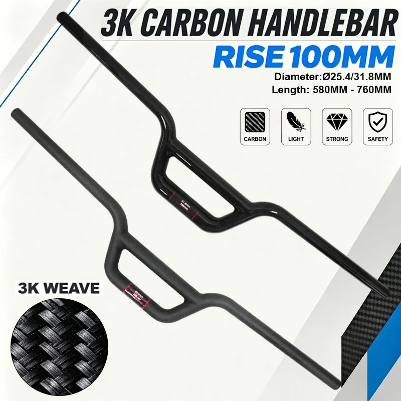 Unbranded Carbon Fiber Double Tube Handlebar, Full Carbon 100mm Riser 31.8/25.4mm Rear Sweep Bike Bar Cycling Upgrade Parts