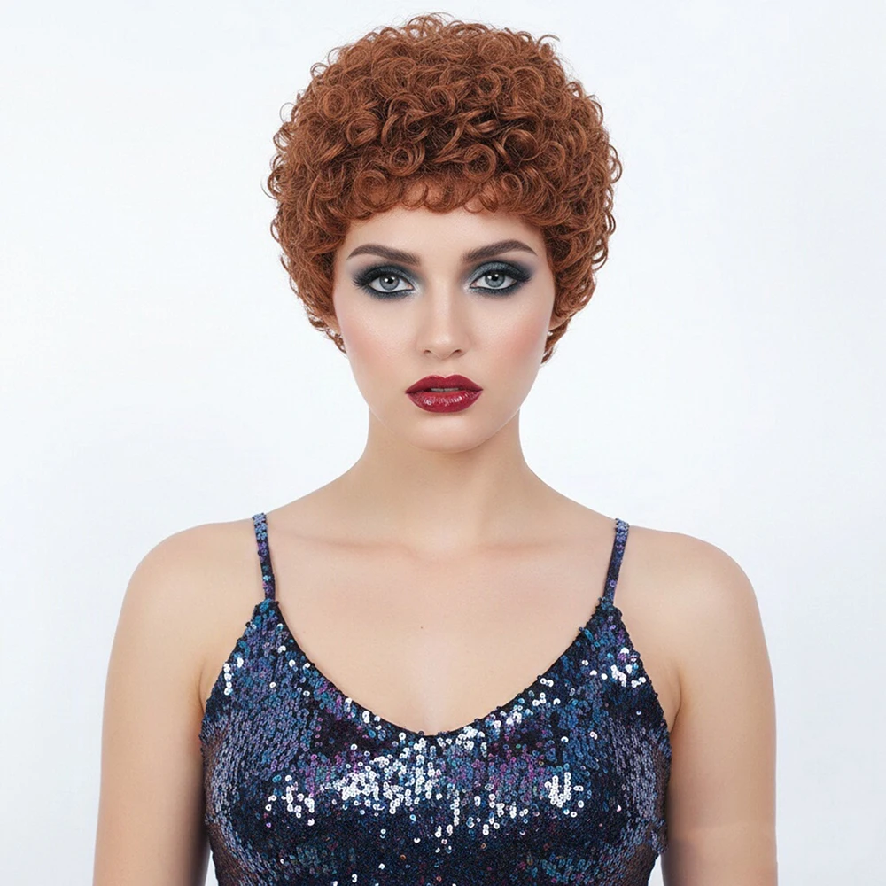 Reddish Brown Short Kinky Curly Wig for Women Afro Mini Curl Synthetic Wig Heat Resistant Hair Wig for 70s 80s Disco Party Cos