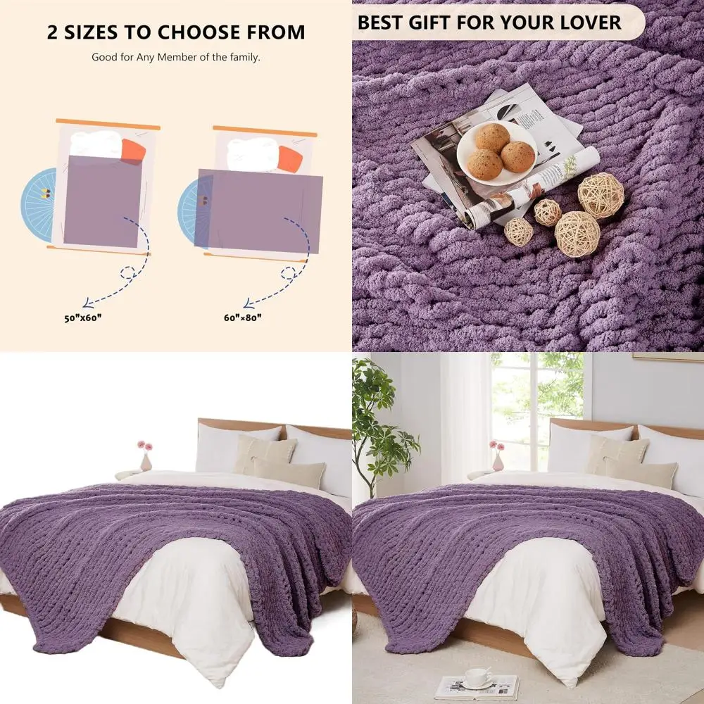 

60x80 Inch Deep Purple Handmade Thick Cable Knit Blanket for Bed or Couch - Large Crochet Rope Throw for Home Decor