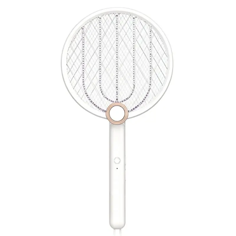 ABWR-White Electric Fly Swatter, Rechargeable Racket With USB Charging, Foldable Insect Zapper For Indoor And Outdoor Use