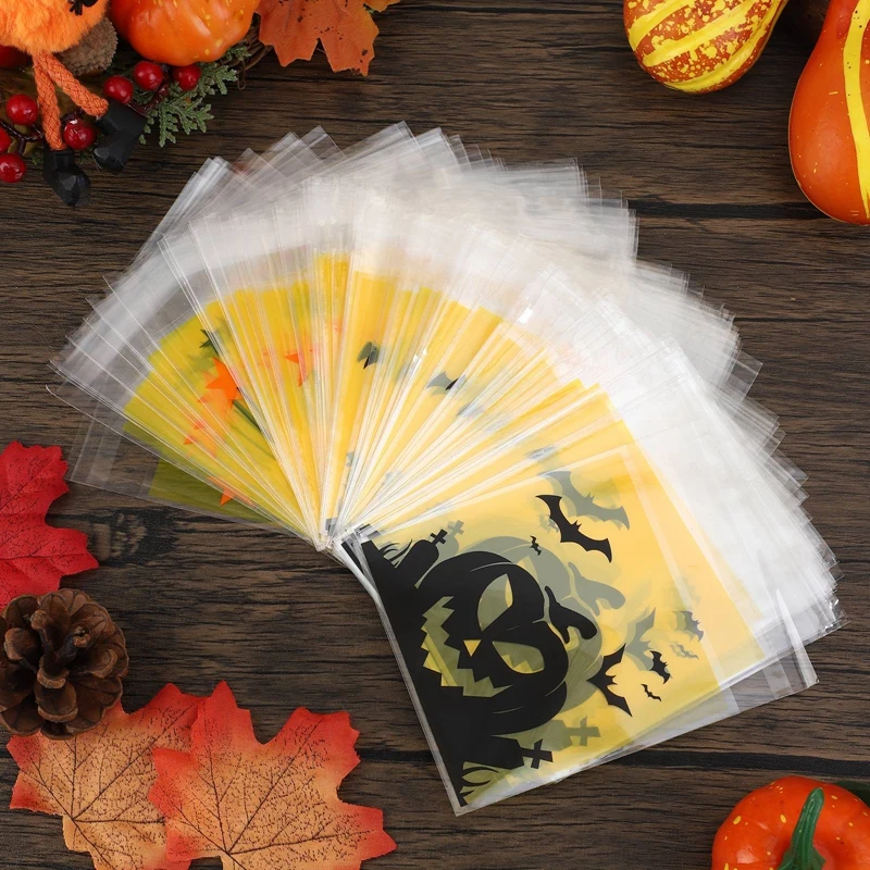 100PCS/Set Halloween Nougat Gift Packaging Bags Pumpkin Party Ghost Printed Self-Sealing Opp Bags For Baking Biscuit Cake