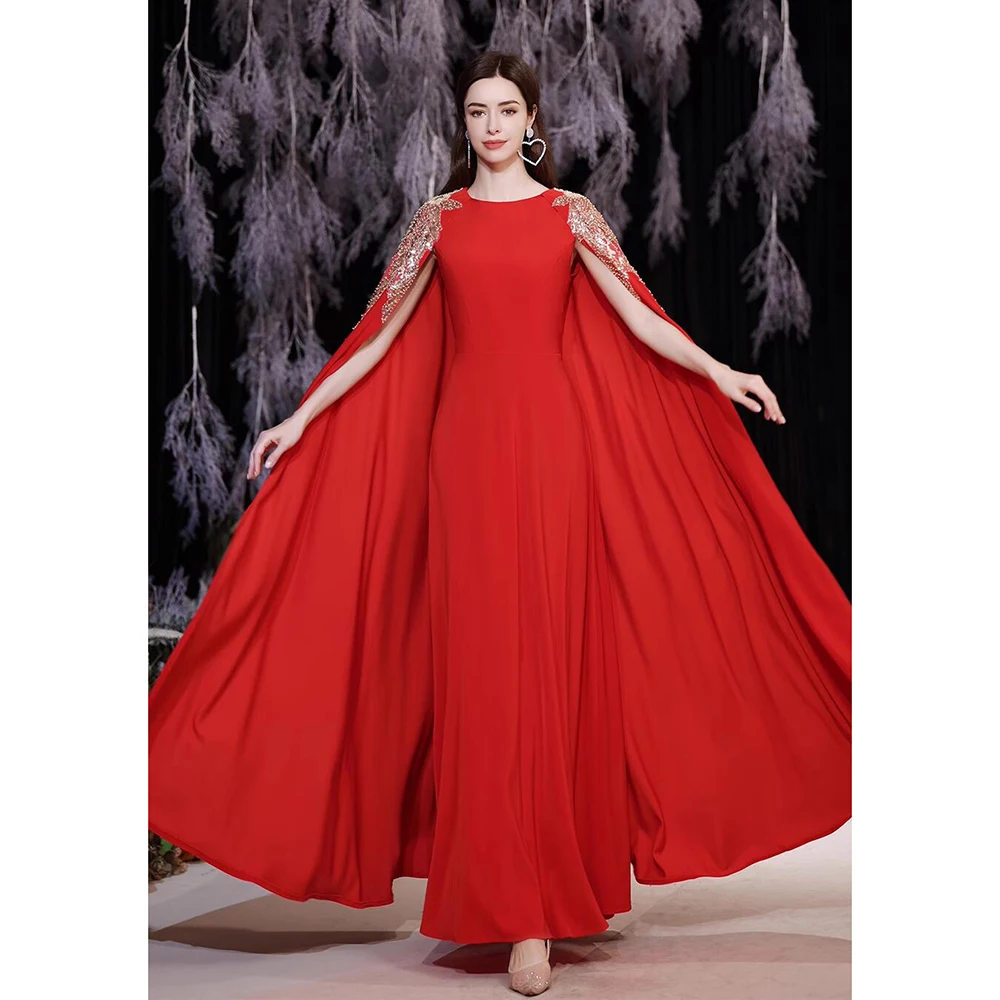 2023 Prom Dress Red O-Neck French Shawl Beads Pearls Ankle Length A-Line Empire Fashion Formal Occasion Dress Evening Dress