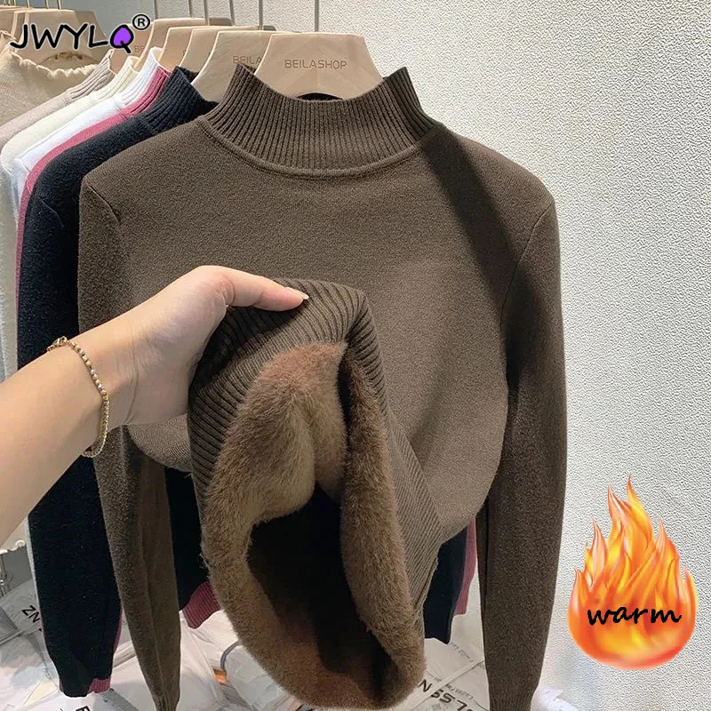 Turtleneck Slim Thicken Plus Velvet Sweater Womans 2023 Winter Thicken Velvet Lined Warm Knitted Tops Basic Knitwear Jumper New