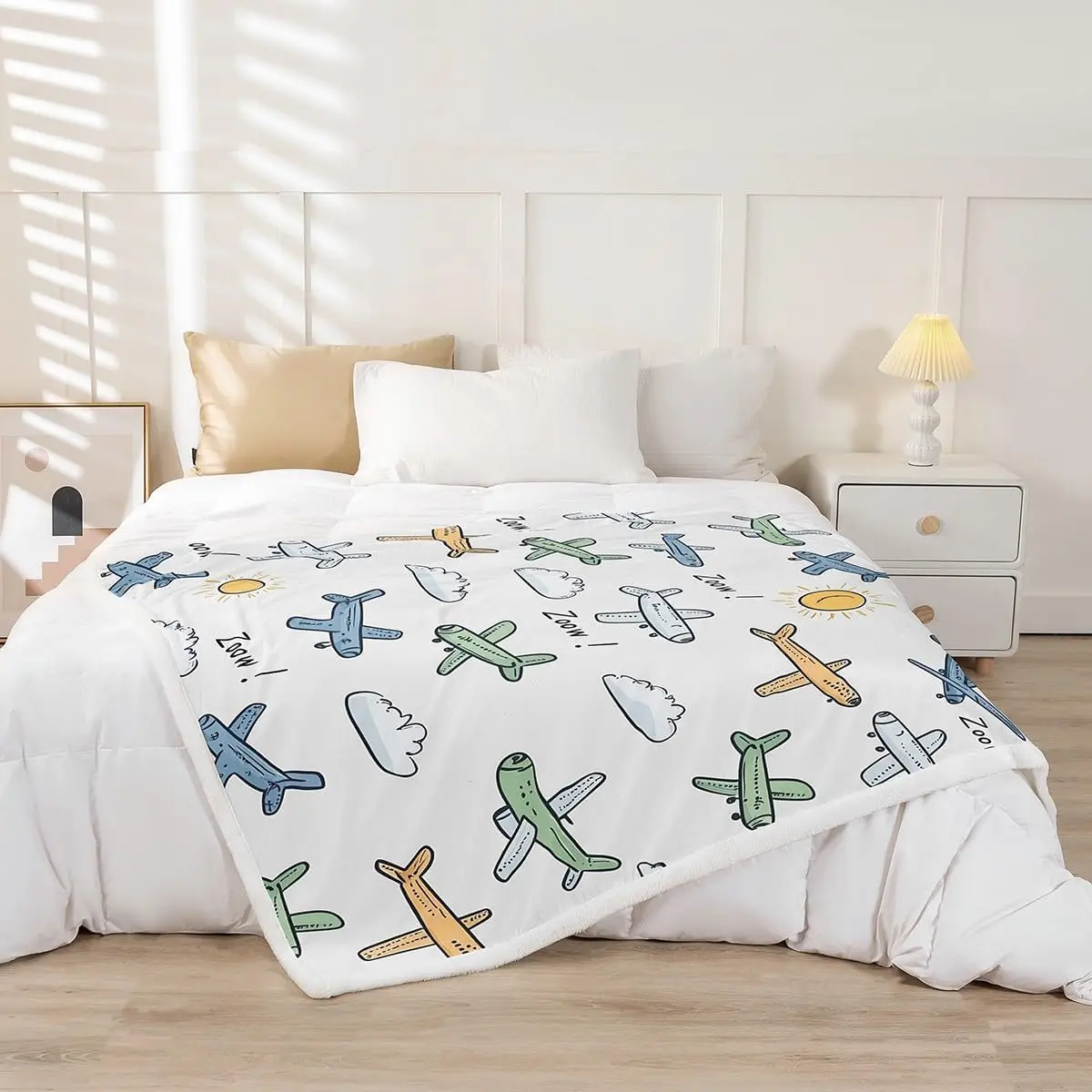 Airplane Kids Blanket Cartoon Plane Pattern Fleece Throw Baby Room Decor Travel Theme Cozy Bed Cover