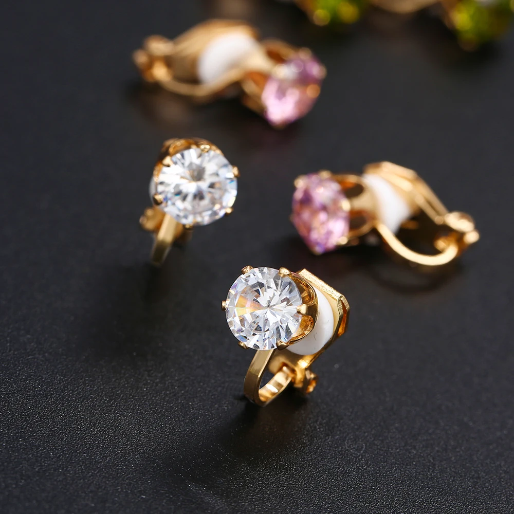 6 Pairs/set Luxury Female Round Colorful Zircon Stone Clip on Earrings Fashion Vintage Gold Non Pierced Ear Clips For Women Gift