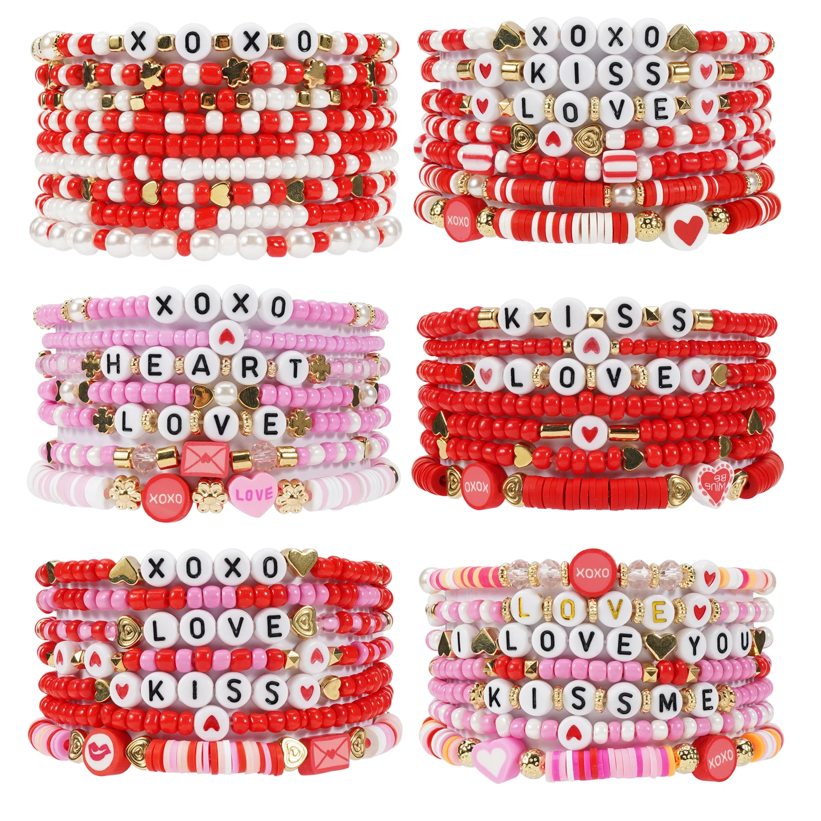 Valentine's Day Bracelets Heishi Stackable Beaded XOXO Love Heart Kiss Charm Stretch Bracelet