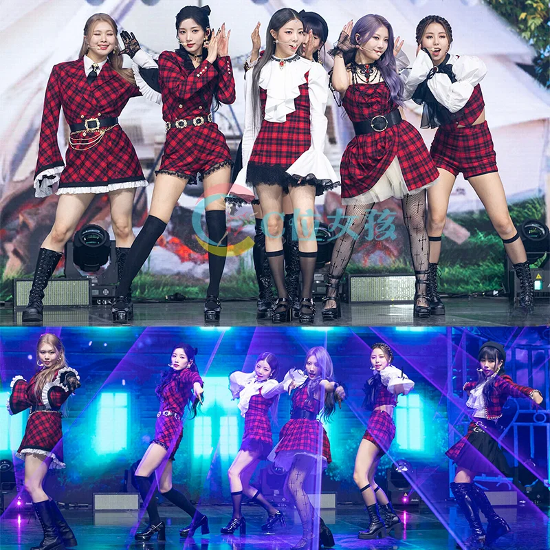 Kpop Girl Group Jazz Dance Sexy Plaid Long Sleeve Jackets Lace Shirt Crop Tops+Slim Sling Dress Mini Skirt Women Concert Outfits