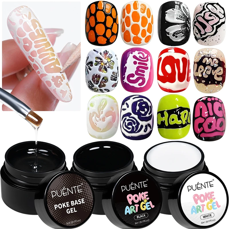 

PUENTE 5ML Poke Art Gel Nail Polish Lace Hole Black White Poke Bubble Ocean Wave Pattern UV Painting Gel Poke Base Gel Needed