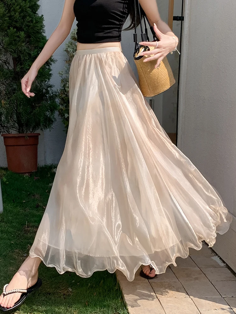 French Elegant Midi Skirts Women Summer Loose Casual Shimmering Mesh A Line Skirts Korean Office Lady High Waist Pleats Skirt