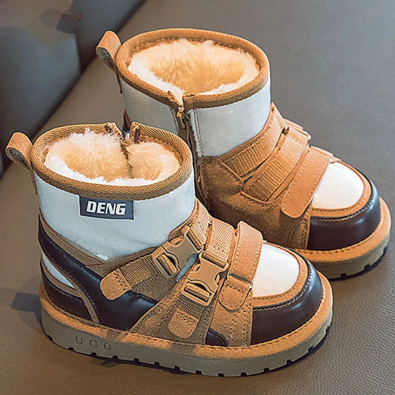 

Winter Plush Snow Boots For Children PU Leather Waterproof Teenager Boy's Warm Boots Faux Fur Cotton Shoes For Big Girls