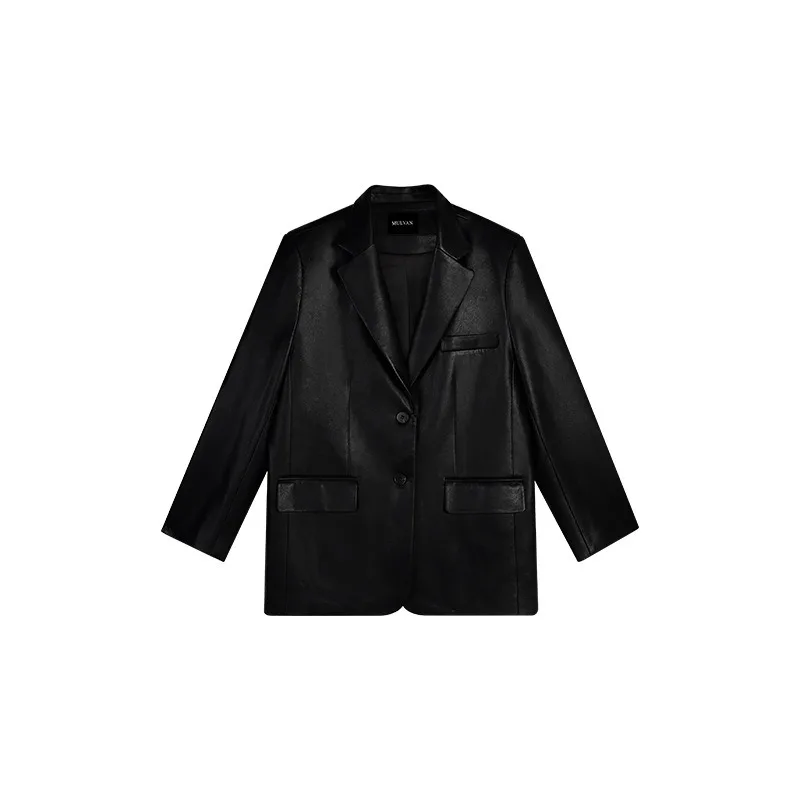 Otoño negro marrón suave Pu chaqueta de cuero mujeres hombreras manga larga solo pecho suelto Casual moda coreana